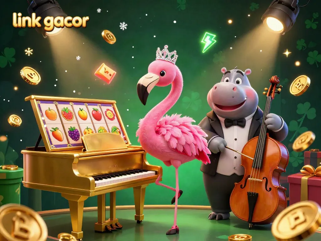Spin the reels with link gacor at the vibrant casino featuring lively characters and gold coins.