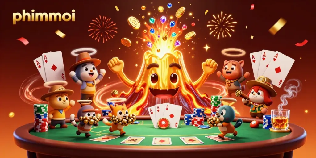 Experience the thrill of phimmoi with a triumphant golden volcano and treasure in this vibrant casino illustration.
