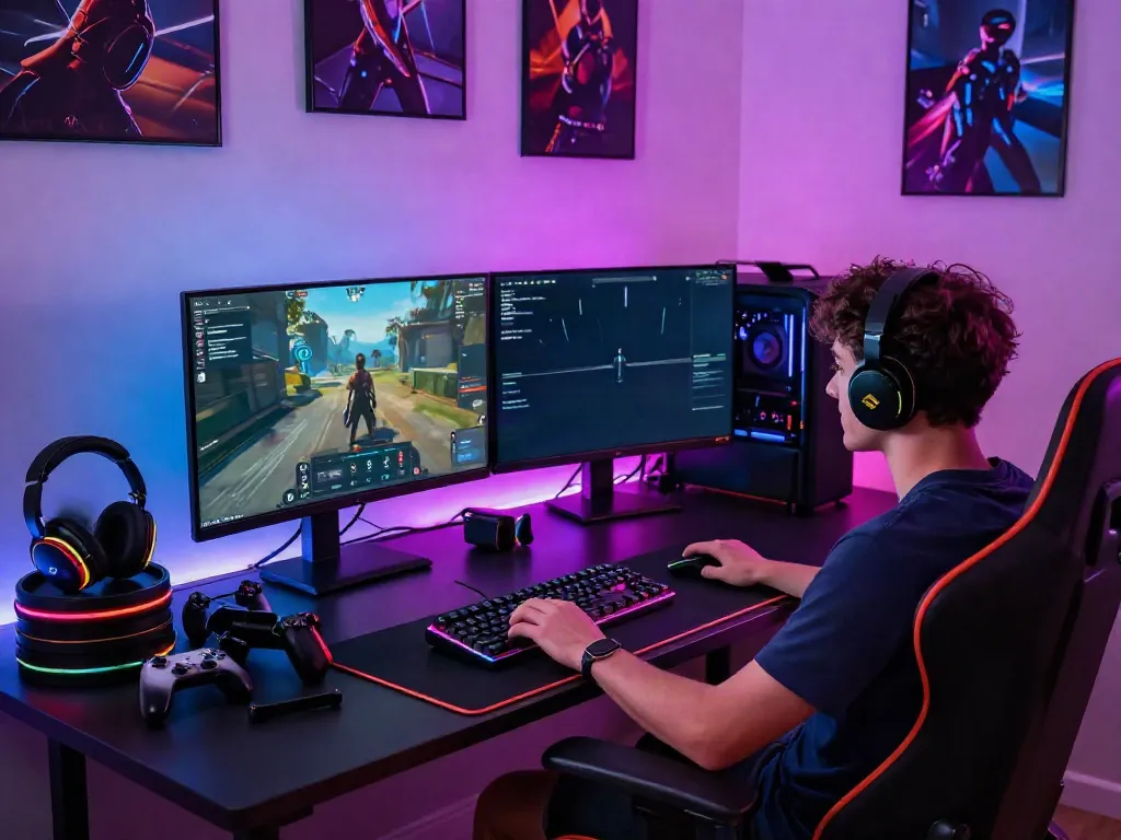 A gamer in a dynamic gaming room with RGB lighting and high-end gear, showcasing rokok88 slot gaming setup.