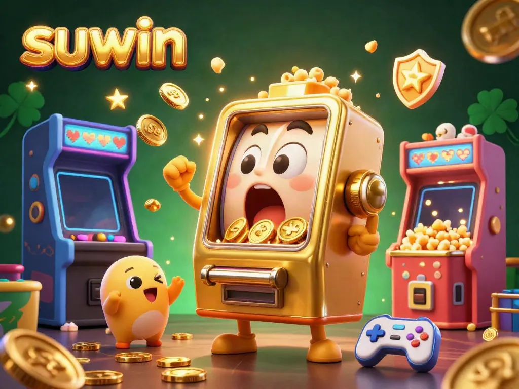 Experience the excitement of suwin with a golden slot machine hitting a jackpot, surrounded by arcade game fun.
