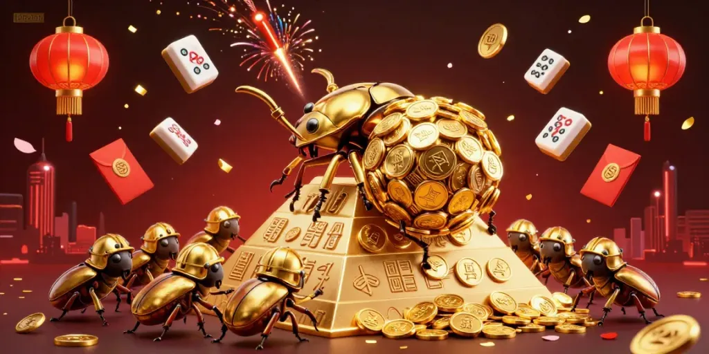 Hitclub showcases a golden dung beetle rolling coins, surrounded by vibrant casino elements, illustrating an exciting gaming experience.