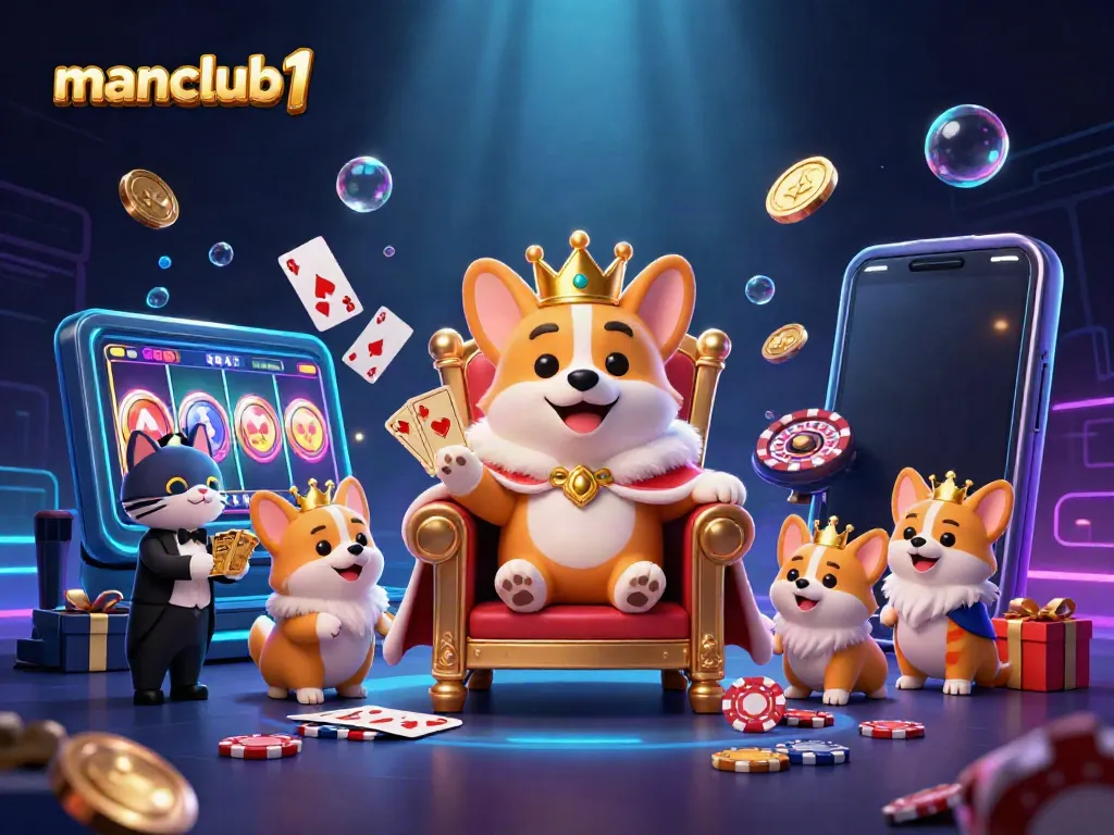 Experience fun at manclub1 with a royal corgi in a vibrant casino throne surrounded by games and gold coins.