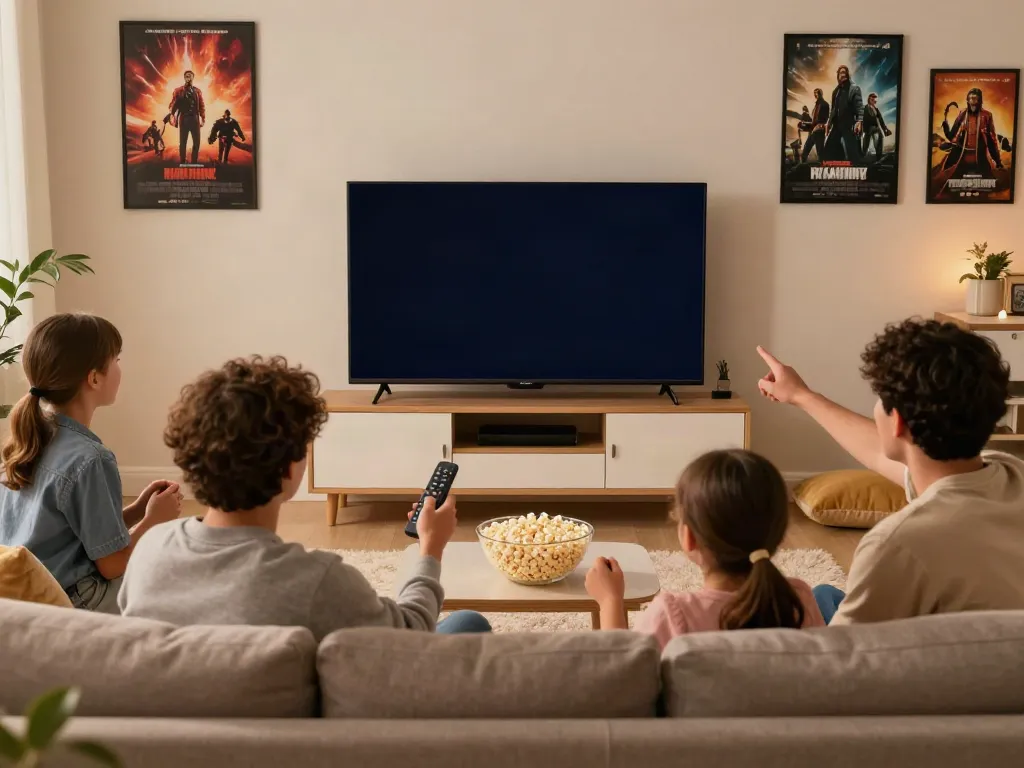 Family enjoying movie night with Pikashow app on smart TV in a cozy living room.