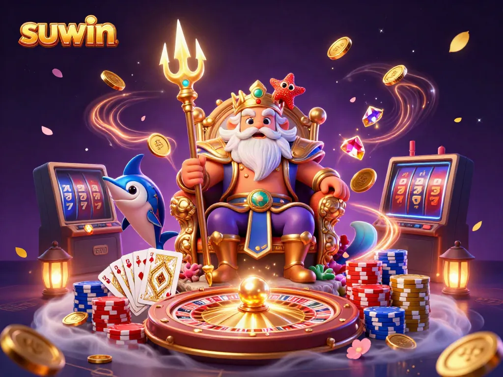 Suwin showcases an enchanting 3D scene featuring Neptune, coins, and a roulette wheel to attract players.