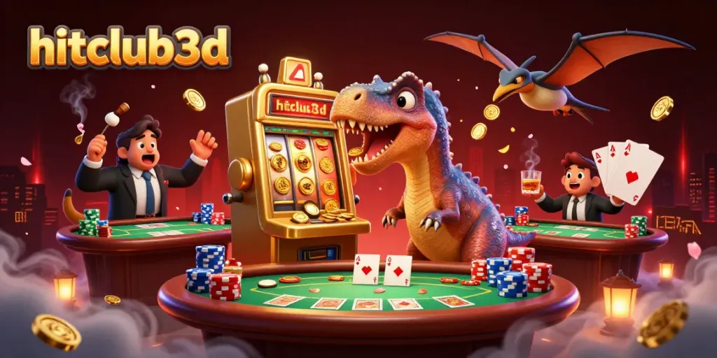 Hitclub3d showcases a cartoon dinosaur celebrating a jackpot at a vibrant casino scene.