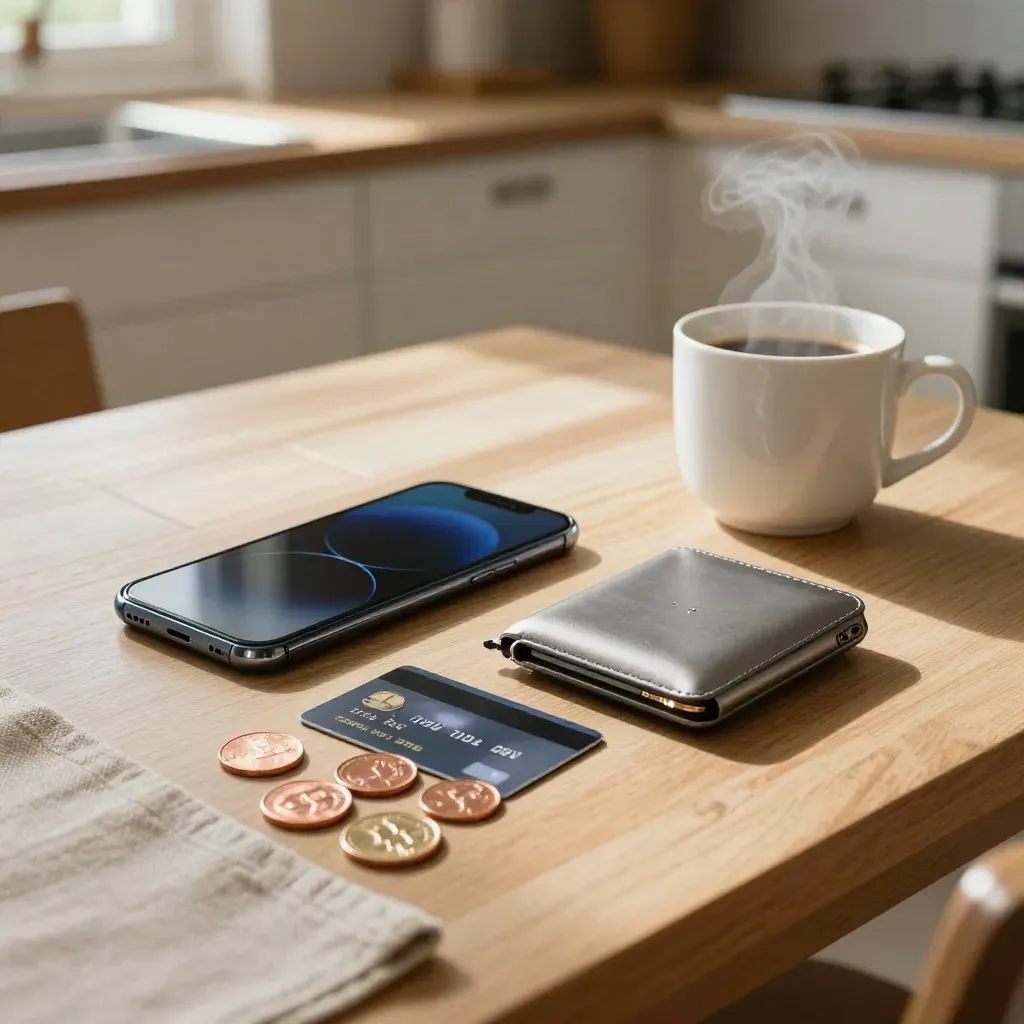 Smartphone, bankpas, hardware wallet, eurocenten en mok op keukentafel in zachte ochtendsfeer.