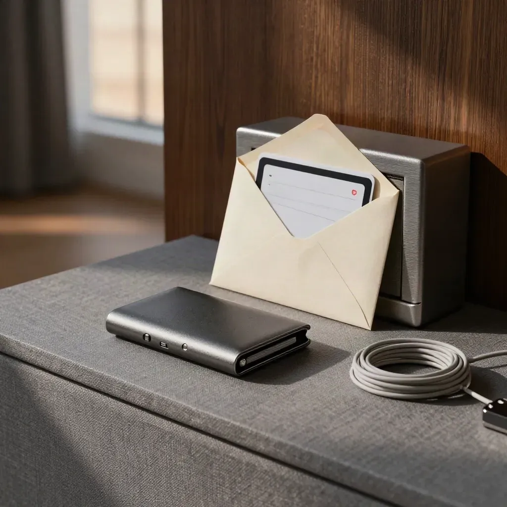 Hardware wallet met backupkaart, sleutelkluisje en kabel op een rustige avondopstelling.