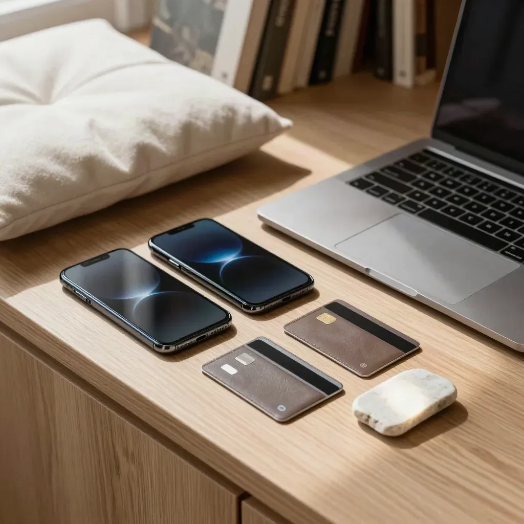 Twee smartphones, laptop, bankpassen en stenen plaatje in een rustige bibliotheekhoek.