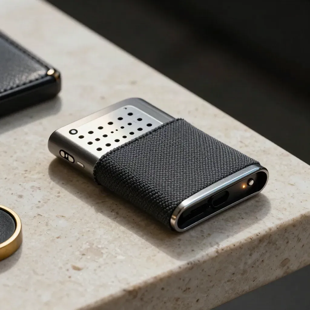 Hardware wallet, seed-backupplaat, brandwerend hoesje en kluisje op travertin in koele schaduw.