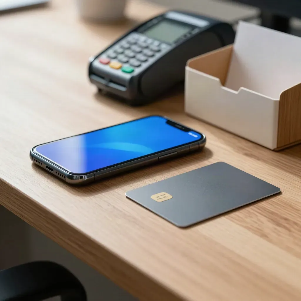 Smartphone, bankpas en betaalterminal op een rustige werkplek met blauwe gloed.