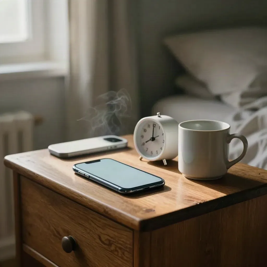 Smartphone met prijsalert naast wekker, mok en oplaadpad op een nachtkastje in ochtendmist.