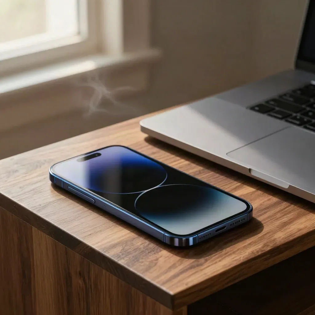 Twee smartphones naast een gesloten laptop op een houten sideboard met steenplaatje in zacht middaglicht.