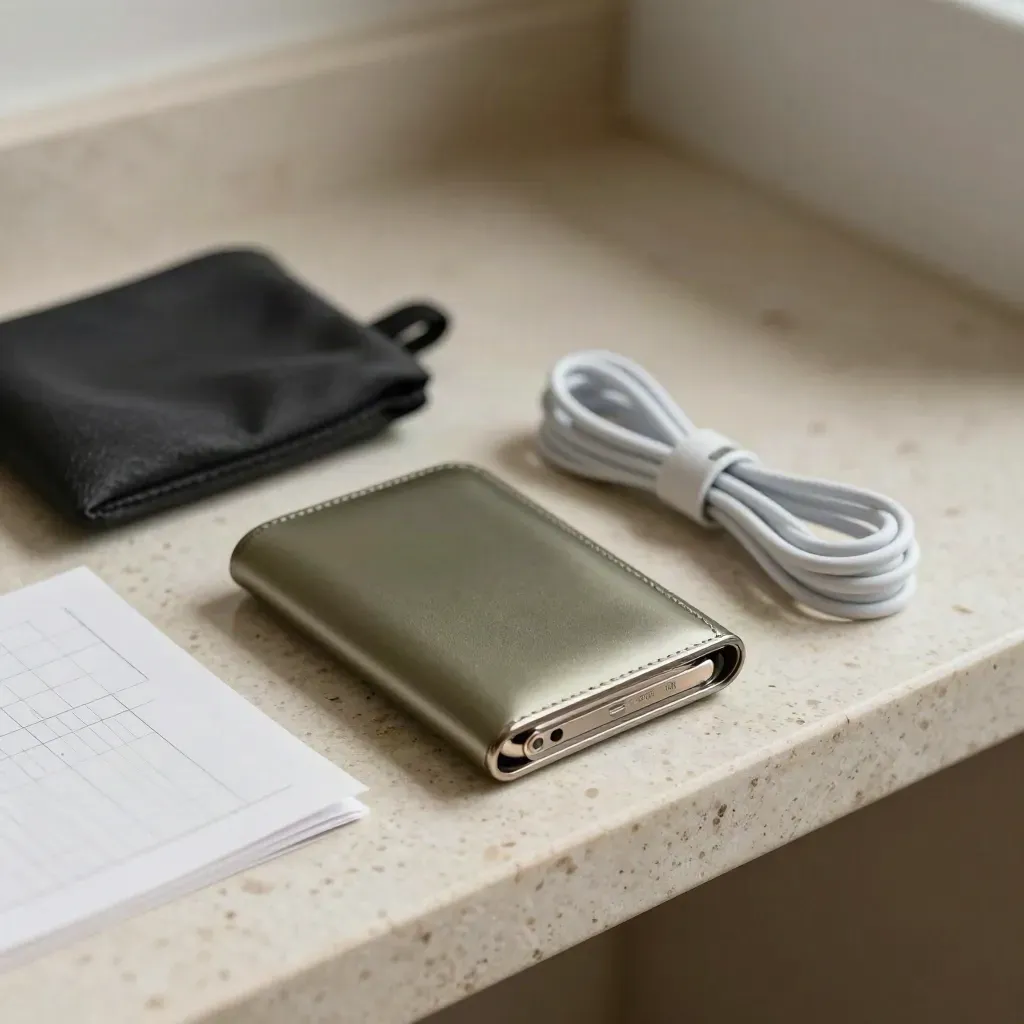 Hardware wallet, back-up en fireproof pouch naast elkaar op travertin, van schuin boven