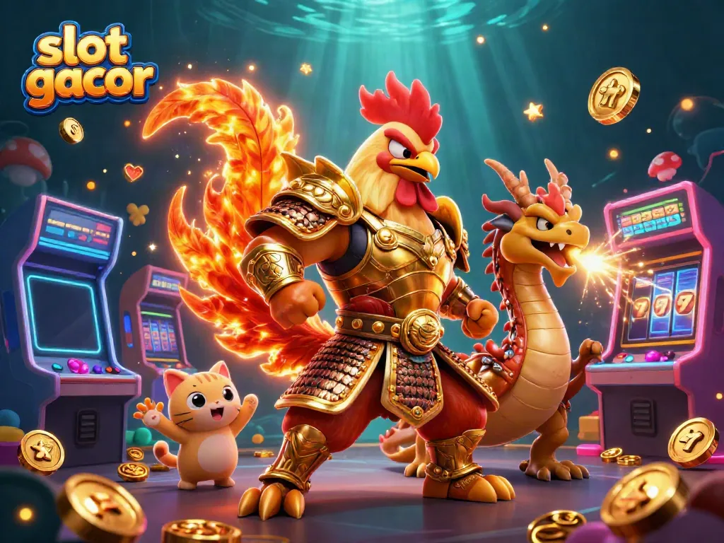 Experience the thrill with slot gacor as a rooster warrior and dragon hatchling dominate the scene.