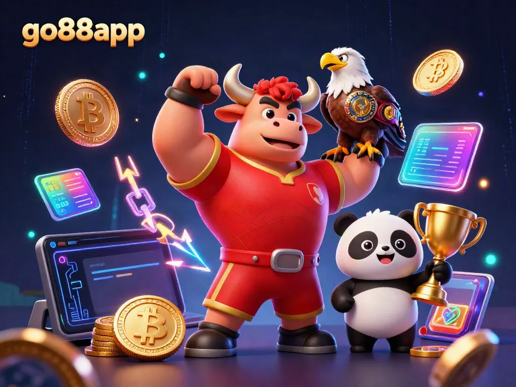 Engage with go88app's vibrant casino world featuring a muscular bull, eagle, and panda celebrating winnings.