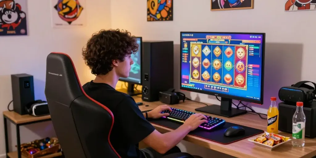 Gamer menikmati slot gacor di ruang permainan modern dengan suasana ceria.