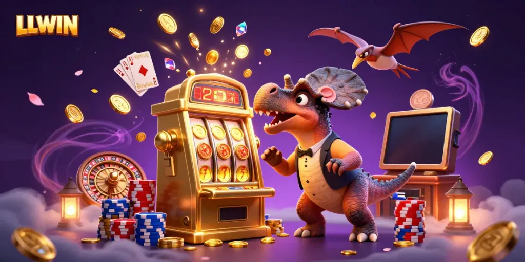LLWIN themed illustration of a pachycephalosaurus celebrating a jackpot at a casino with golden coins, a manager, and a swooping pteranodon.