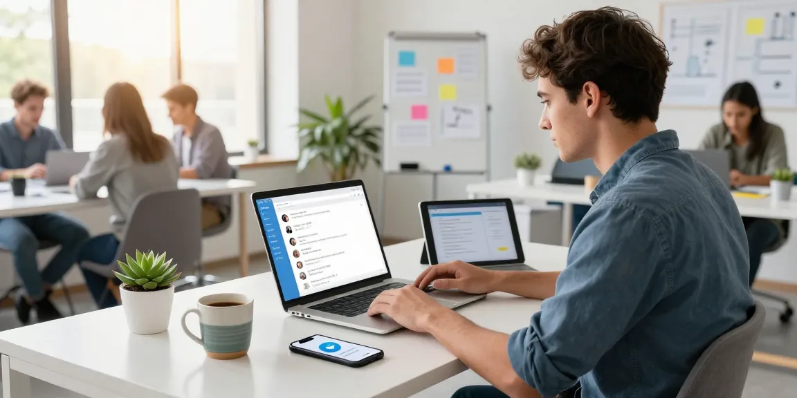Professional using Telegram Web Version in a bright office workspace with collaborative atmosphere and tech tools.