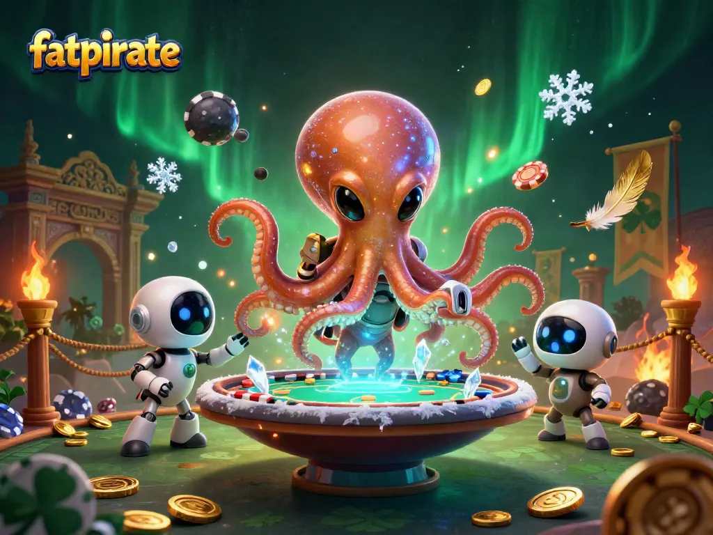 Experience vibrant gaming excitement at fatpirate with an alien octopus and its robot friend at a poker table surrounded by gold coins.