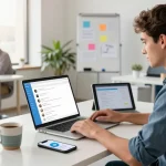 Professional using Telegram Web Version in a bright office workspace with collaborative atmosphere and tech tools.